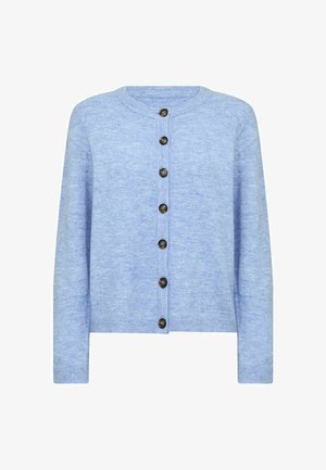 Lysblå cardigan lavet af blødt strikkemateriale, med rund halsudskæring, lange ærmer og brune knaplukninger foran.