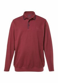 Bordeauxfarbendes Langarm-Polohemd aus Baumwolle mit Kragen, drei Knöpfen und blauen Akzenten am Kragen. Logo auf der Brust gestickt.