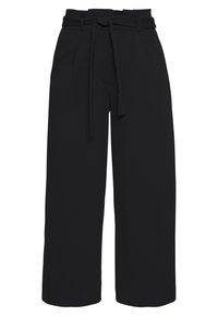 Pantalons larges noirs en tissu doux, dotés d'une taille haute et d'une ceinture à nouer amovible. Comprend des poches avant et des lignes épurées.