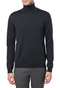 Dunkelblaues Rollkragensweater aus weichem Material. Slim-Fit-Design mit langen Ärmeln und geripptem Kragen. Minimalistischer Stil ohne sichtbare Logos.