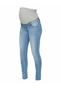 Jeans de maternidad en denim azul claro, con un panel de tela gris elástica en la cintura para mayor comodidad, ajuste slim y sin herrajes visibles.