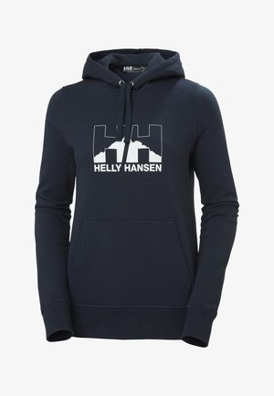 Sudadera azul marino con un bolsillo tipo canguro en la parte frontal, capucha con cordón y logo blanco "Helly Hansen" en el pecho. Textura de tela suave.