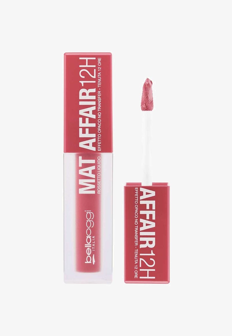 Rossetto liquido in un tubetto trasparente con una sfumatura rosa. Presenta un applicatore morbido e spugnoso. Confezione etichettata "MAT AFFAIR 12H" in bold bianco.