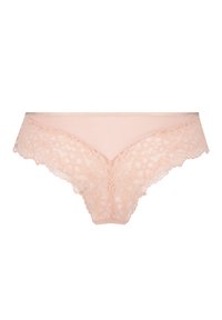 Helle rosa Spitzen-Hipster-Unterwäsche mit floralen Mustern, einer glatten Vorderseite und zarten, gewellten Kanten für zusätzliche Details und Textur.