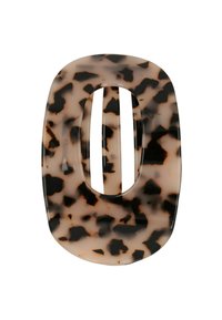 Fascetta per capelli in plastica trasparente a forma ovale, con un motivo leopardato in beige e marrone maculato e tre fessure interne.