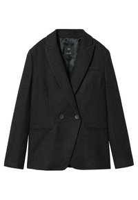 Zwarte double-breasted blazer gemaakt van een gestructureerde stof, met een gelapte kraag en twee voorzakken. Glad interieur met voering zichtbaar.