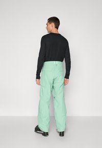 Pantaloni da sci verde menta con vestibilità ampia, caratterizzati da tasche cargo e vita regolabile, abbinati a calzature nere. Vista da dietro.