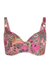 Wielokolorowy stanik w różowym kolorze z wzorami paisley i geometrycznymi. Posiada szerokie ramiączka z okrągłym okuciem oraz gładką, teksturowaną tkaninę.