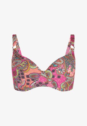 Wielokolorowy stanik w różowym kolorze z wzorami paisley i geometrycznymi. Posiada szerokie ramiączka z okrągłym okuciem oraz gładką, teksturowaną tkaninę.