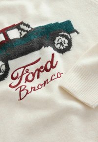 Kreemist lõngast kootud kampsun, millel on klassikalise Ford Bronco kujutis punases ja teal'rohelises, koos "Ford Bronco" burgundi värvi ääristusega tikandiga.