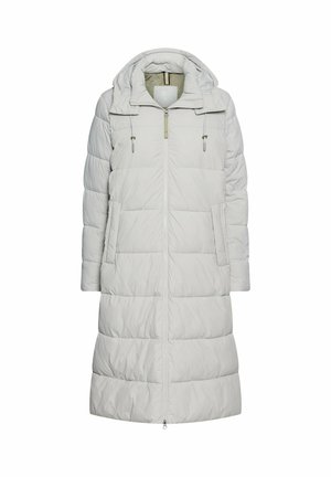 Hellgraue Steppjacke mit Kapuze, Reißverschluss, zwei Fronttaschen und einem gesteppten Design. Das Material wirkt glatt mit einer leicht glänzenden Oberfläche.