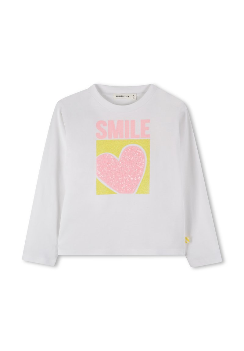 Weißes Langarmhemd mit einem bunten "SMILE"-Grafik und einem pinken Herz auf gelbem Hintergrund. Hergestellt aus weichem Baumwollmaterial.