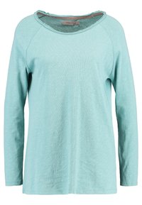 Light blue long-sleeve shirt with a scoop neckline, raw edge detailing, and a soft, textured fabric. Features raglan sleeves for ease of wear.
