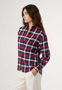 Κόκκινο, ναυτικό και λευκό καρό πουκάμισο φανέλας με κουμπωτή μπροστά και γιακά. Μακριά μανίκια, χαλαρή εφαρμογή, φοριέται με ανοιχτόχρωμο παντελόνι.