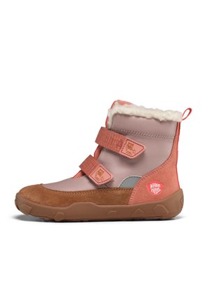 Child's winter boot in pink and brown with two velcro straps, fleece lining, rubber sole, and a logo on the side.