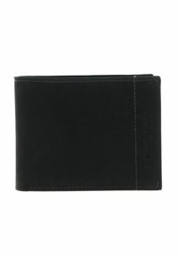 Portefeuille bifold en cuir noir avec coutures visibles et nom de la marque subtilement embossé dans le coin inférieur droit.