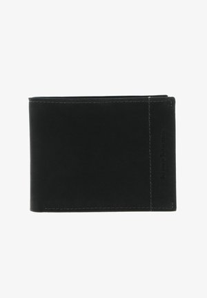 Black leather bifold wallet with visible stitching and subtle embossed brand name on the lower right corner.