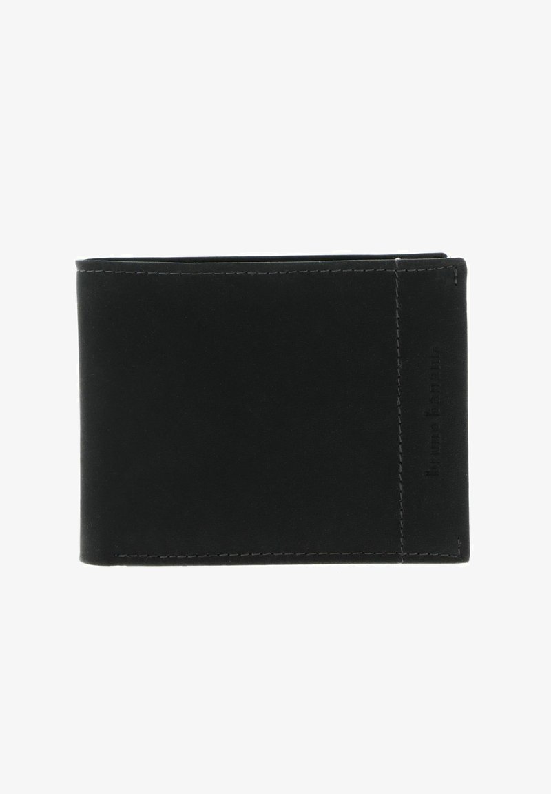 Portefeuille bifold en cuir noir avec coutures visibles et nom de la marque subtilement embossé dans le coin inférieur droit.
