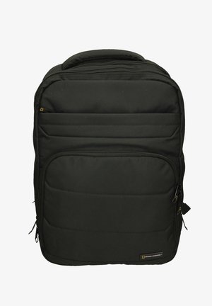 Black fabric backpack with multiple zippered compartments, padded back, and logo detail in the bottom right corner. Smooth texture.