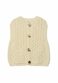 Kremowa dzianinowa kamizelka z warkoczowym wzorem, dekoltem w serek i pięcioma metalowymi guzikami, z dwiema przednimi kieszeniami po obu stronach.