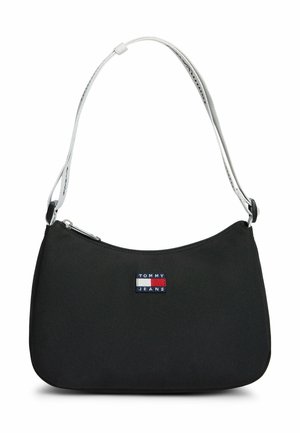 Bolso de hombro Tommy Jeans negro con correa blanca ajustable y parche con logo frontal en rojo, blanco y azul con texto.