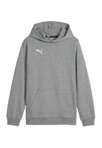 Felpa grigia realizzata in materiale morbido con tasca a marsupio, polsini a coste e logo Puma bianco sul petto.