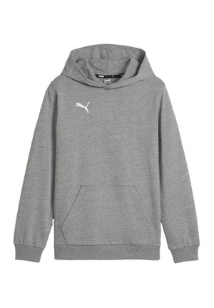Grauer Hoodie aus weichem Material mit Kängurutasche, gerippten Bündchen und einem weißen Puma-Logo auf der Brust.