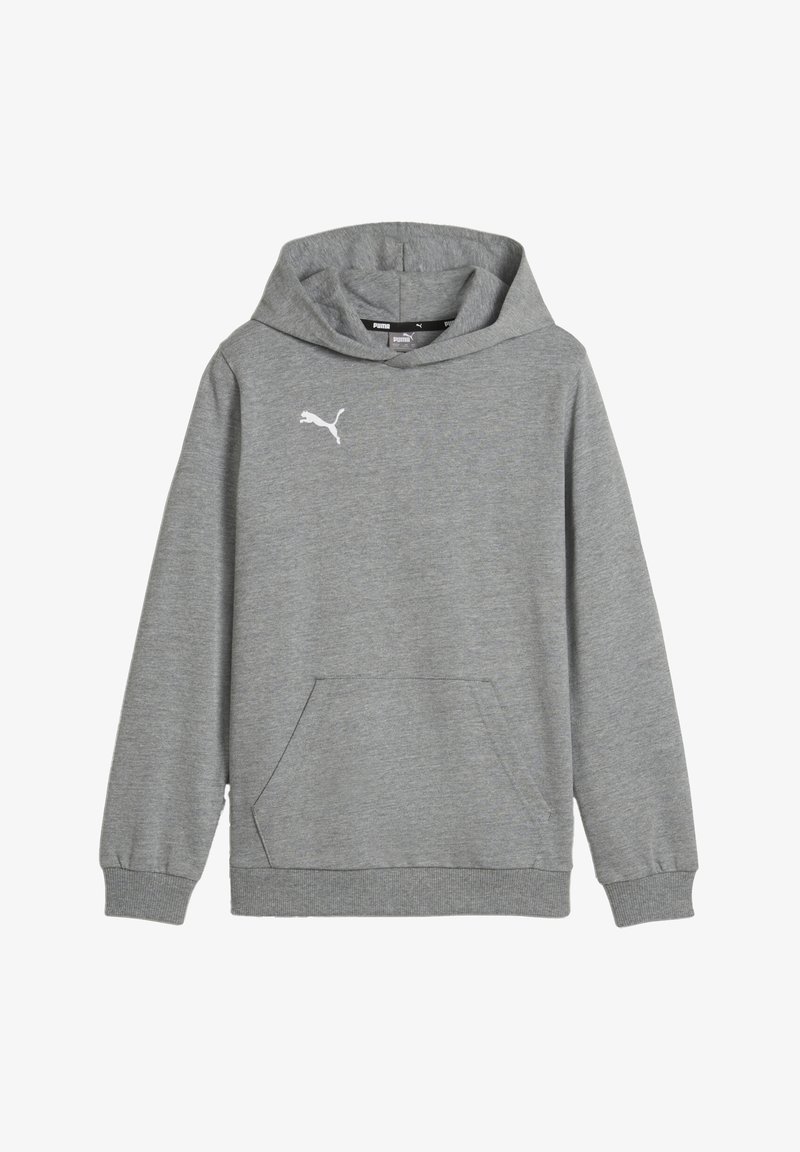 Felpa grigia realizzata in materiale morbido con tasca a marsupio, polsini a coste e logo Puma bianco sul petto.
