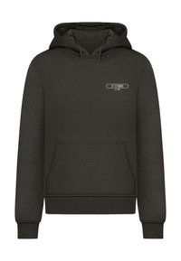 Felpa con cappuccio grigia scura realizzata in un tessuto misto cotone. Presenta una tasca frontale, un cappuccio con cordino e un logo grafico bianco sul petto.