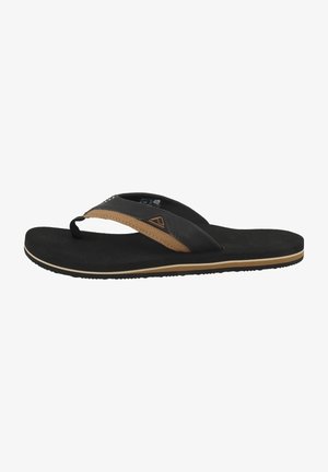 Flip-flop nera con una cinghia marrone accentuata, suola in gomma e fondo testurizzato. Presenta un design a infradito e un hardware a profilo basso.