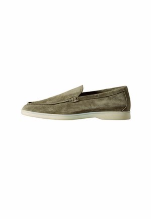Men's olive green suede slip-on shoe with white rubber sole, featuring a low heel and minimal stitching details.
