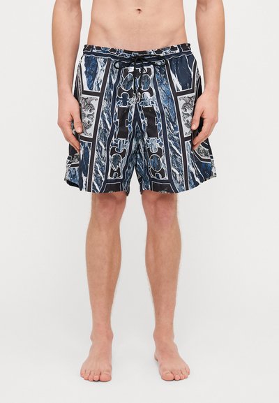 Schwimmshorts in Marineblau mit abstrakten blauen und schwarzen Mustern, elastischem Bund, Kordelzug und Seitentaschen. Leichter Stoff.