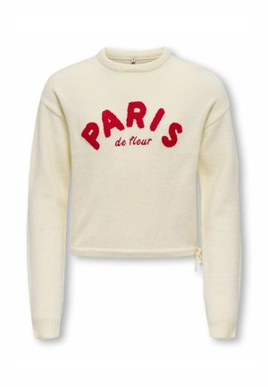 Kreemikas pikkade varrukatega kampsun, millel on punane tekstuuriga "PARIS" ja väiksem "de fleur" tekst ees, soonikkoes mansetid ning väike külgkinnitus.