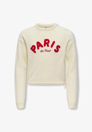 Pull crème à manches longues avec inscription rouge texturée "PARIS" et texte plus petit "de fleur" à l’avant, poignets côtelés et petit détail noué sur le côté.