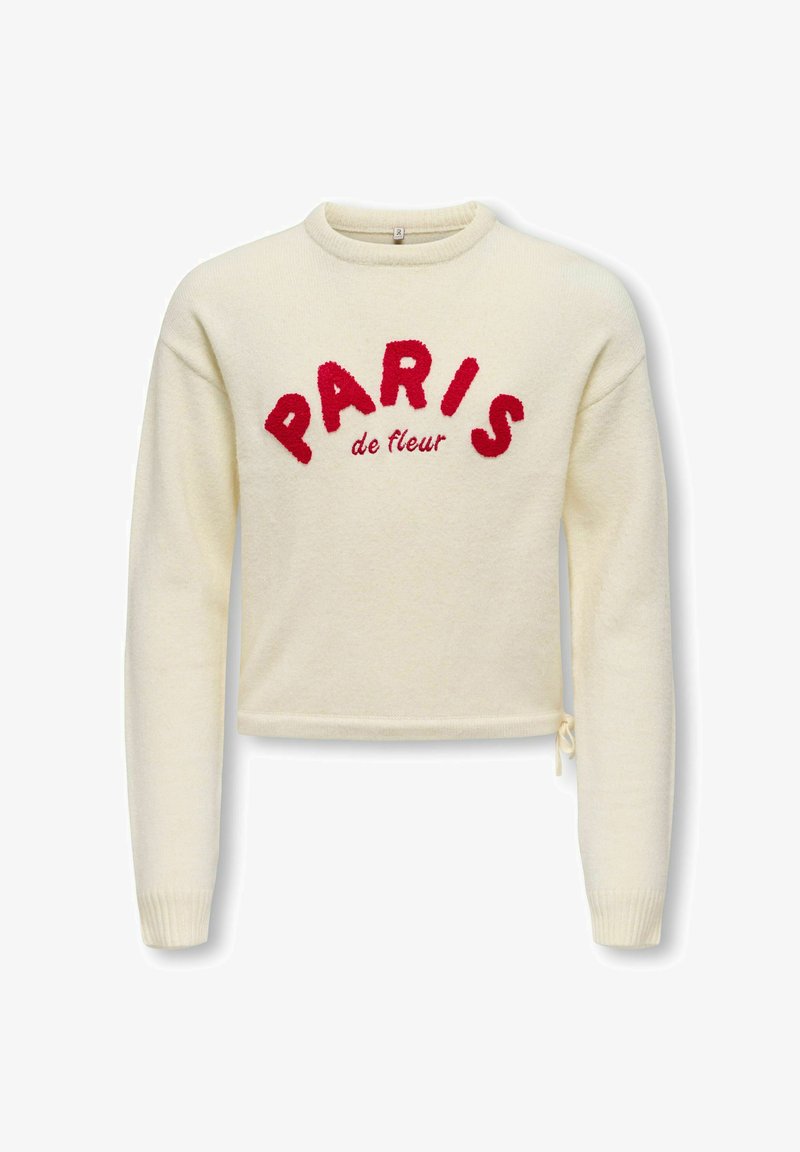 Pull crème à manches longues avec inscription rouge texturée "PARIS" et texte plus petit "de fleur" à l’avant, poignets côtelés et petit détail noué sur le côté.