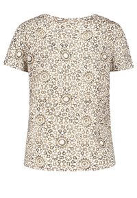 Top de manga corta con escote redondo, que presenta un patrón floral en tonos marrón y crema. Tejido suave con un corte relajado y dobladillo recto.