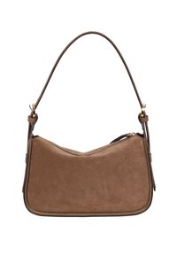 Brown suede handbag with a curved shape, featuring a single shoulder strap and a zip closure, accented with gold-tone hardware.
