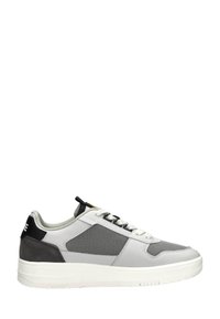 Sneaker featuring a grey synthetic upper with mesh panels, flat white rubber sole, and black heel accent. Classic lace-up design.