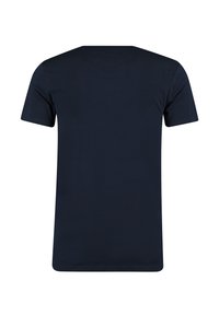 Marineblauwe T-shirt met korte mouwen, gemaakt van zachte katoen, met een klassieke ronde hals en rechte zoom, zonder patronen of logo's.