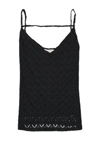 Černý top bez rukávů s výstřihem do V, strukturovaným vlnitým vzorem a třásňovým lemem. Obsahuje tenké nastavitelné ramínka pro lepší padnutí.