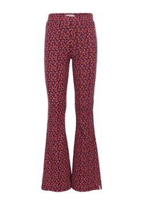 Uitlopende broeken van rekbare stof met een paarse achtergrond en een meerkleurig abstract patroon. Elastische taille voor comfort.
