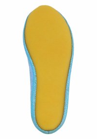 Blauwe glinsterige inlegzool met een zachte gele schuimonderkant. Gebogen vorm met gladde randen, ontworpen voor comfort en demping.