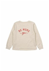Svetlo šedá dlhá rukávová košeľa z bavlny. Na zadnej strane je červený nápis "BE MORE you" v zakrivenom usporiadaní. Štandardný strih, okrúhly výstrih.
