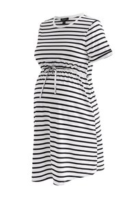 Sort- og hvidstribet graviditetskjole med korte ærmer, elastisk talje og snøre-detalje foran. Blød stoftekstur.