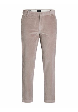 Pantalons en velours côtelé slim fit marron clair avec fermeture à bouton et passants de ceinture, conçus pour un usage décontracté ou semi-formel.