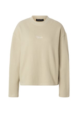 Béžová rebrovaná mikina s dlhým rukávom, okrúhlym výstrihom a malým bielym logom „Pegador“ umiestneným uprostred na hrudi.