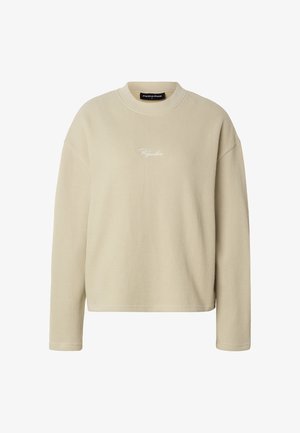 Béžová rebrovaná mikina s dlhým rukávom, okrúhlym výstrihom a malým bielym logom „Pegador“ umiestneným uprostred na hrudi.