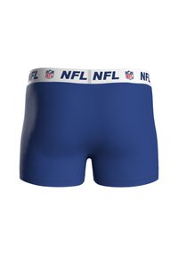 Modré boxerky s bílým pasem, na kterém je opakovaně logo "NFL" a další značka. Vyrobené z hladké, elastické látky.