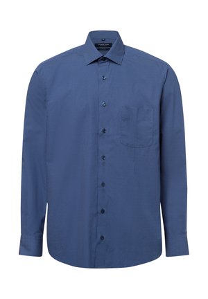 Blaues Hemd mit Knopfleiste, geometrischem Muster, langen Ärmeln, einer Brusttasche und klassischem Kragen. Aus strukturiertem Stoff gefertigt.