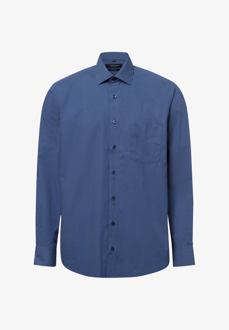Blaues Hemd mit Knopfleiste, geometrischem Muster, langen Ärmeln, einer Brusttasche und klassischem Kragen. Aus strukturiertem Stoff gefertigt.